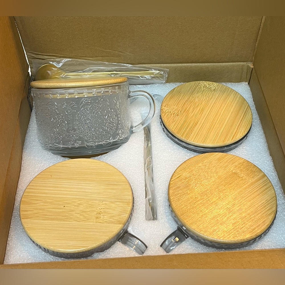 Glass Mug Set with Bamboo Lids and spoons